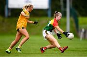 22 August 2021; Sara Doyle of Carlow in action against Áine Tubridy of Antrim during the TG4 All-Ireland Ladies Football Junior Championship Semi-Final match between Antrim and Carlow at Lannleire GFC in Dunleer, Louth. Photo by Ben McShane/Sportsfile