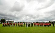 22 August 2021; Players and officials before the Clear Currency All-Ireland T20 Cup Final match between Cork Harlequins and Brigade at Leinster Cricket Club in Dublin. Photo by Seb Daly/Sportsfile