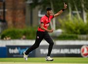 22 August 2021; Zubar Hassan Khan celebrates claiming the wicket of Brigade's David Barr, caught by team-mate Adam Hickey, during the Clear Currency All-Ireland T20 Cup Final match between Cork Harlequins and Brigade at Leinster Cricket Club in Dublin. Photo by Seb Daly/Sportsfile