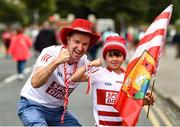 22 August 2021; Cork supporters Paul McCarthy, and Evan McCarthy, aged 8, from Glen Rovers GAA club before the GAA Hurling All-Ireland Senior Championship Final match between Cork and Limerick in Croke Park, Dublin. Photo by Daire Brennan/Sportsfile