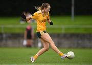 22 August 2021; Ciara Brown of Antrim shoots to score her side's second goal during the TG4 All-Ireland Ladies Football Junior Championship Semi-Final match between Antrim and Carlow at Lannleire GFC in Dunleer, Louth. Photo by Ben McShane/Sportsfile