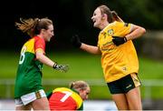 22 August 2021; Ciara Brown of Antrim celebrates after scoring her side's second goal during the TG4 All-Ireland Ladies Football Junior Championship Semi-Final match between Antrim and Carlow at Lannleire GFC in Dunleer, Louth. Photo by Ben McShane/Sportsfile