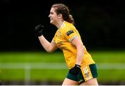 22 August 2021; Michelle Magee of Antrim celebrates after scoring her side's third goal during the TG4 All-Ireland Ladies Football Junior Championship Semi-Final match between Antrim and Carlow at Lannleire GFC in Dunleer, Louth. Photo by Ben McShane/Sportsfile