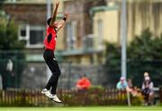22 August 2021; Zubar Hassan Khan of Cork Harlequins celebrates claiming the wicket of Brigade's Kyle Magee during the Clear Currency All-Ireland T20 Cup Final match between Cork Harlequins and Brigade at Leinster Cricket Club in Dublin. Photo by Seb Daly/Sportsfile