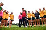 22 August 2021; Carlow manager Mark Keating congratulates the Antrim players after the TG4 All-Ireland Ladies Football Junior Championship Semi-Final match between Antrim and Carlow at Lannleire GFC in Dunleer, Louth. Photo by Ben McShane/Sportsfile