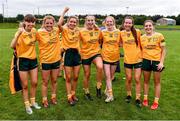 22 August 2021; Antrim players, from left, Aoife Taggart, Cathy Carey, Caitlin Taggart, Rebekah Hemsworth, Theresa Mellon, Ciara Austin and Duana Coleman celebrate after the TG4 All-Ireland Ladies Football Junior Championship Semi-Final match between Antrim and Carlow at Lannleire GFC in Dunleer, Louth. Photo by Ben McShane/Sportsfile