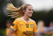 22 August 2021; Rebekah Hemsworth of Antrim celebrates after the TG4 All-Ireland Ladies Football Junior Championship Semi-Final match between Antrim and Carlow at Lannleire GFC in Dunleer, Louth. Photo by Ben McShane/Sportsfile