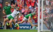 22 August 2021; Limerick goalkeeper Nickie Quaid is beaten by Shane Kingston of Cork for Cork's goal in the 4th minute of the first half during the GAA Hurling All-Ireland Senior Championship Final match between Cork and Limerick in Croke Park, Dublin. Photo by Ray McManus/Sportsfile