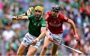 22 August 2021; Séamus Flanagan of Limerick in action against Robert Downey of Cork during the GAA Hurling All-Ireland Senior Championship Final match between Cork and Limerick in Croke Park, Dublin. Photo by Piaras Ó Mídheach/Sportsfile