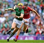 22 August 2021; Séamus Flanagan of Limerick in action against Robert Downey of Cork during the GAA Hurling All-Ireland Senior Championship Final match between Cork and Limerick in Croke Park, Dublin. Photo by Piaras Ó Mídheach/Sportsfile