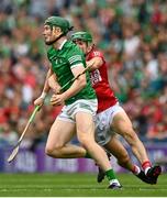 22 August 2021; William O’Donoghue of Limerick in action against Seamus Harnedy of Cork during the GAA Hurling All-Ireland Senior Championship Final match between Cork and Limerick in Croke Park, Dublin. Photo by Eóin Noonan/Sportsfile