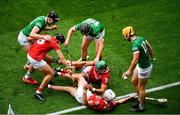 22 August 2021; Cork players, left to right, Darragh Fitzgibbon, Eoin Cadogan, and Tim O’Mahony in action against Limerick players, left to right, Gearóid Hegarty, Peter Casey, and Tom Morrissey during the GAA Hurling All-Ireland Senior Championship Final match between Cork and Limerick in Croke Park, Dublin. Photo by Daire Brennan/Sportsfile