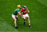 22 August 2021; Mark Coleman of Cork in action against Tom Morrissey of Limerick during the GAA Hurling All-Ireland Senior Championship Final match between Cork and Limerick in Croke Park, Dublin. Photo by Daire Brennan/Sportsfile
