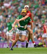 22 August 2021; Tom Morrissey of Limerick in action against Tim O’Mahony of Cork during the GAA Hurling All-Ireland Senior Championship Final match between Cork and Limerick in Croke Park, Dublin. Photo by Ray McManus/Sportsfile