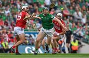 22 August 2021; William O’Donoghue of Limerick in action against Shane Kingston, left, and Patrick Horgan of Cork during the GAA Hurling All-Ireland Senior Championship Final match between Cork and Limerick in Croke Park, Dublin. Photo by Brendan Moran/Sportsfile