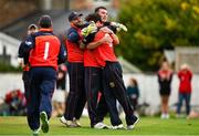 22 August 2021; Brigade players celebrate after their side's victory over Cork Harlequins in their Clear Currency All-Ireland T20 Cup Final match at Leinster Cricket Club in Dublin. Photo by Seb Daly/Sportsfile