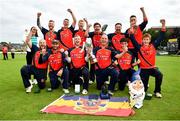 22 August 2021; Brigade players celebrate after their side's victory over Cork Harlequins in their Clear Currency All-Ireland T20 Cup Final match at Leinster Cricket Club in Dublin. Photo by Seb Daly/Sportsfile