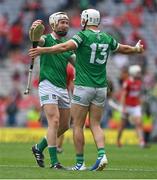 22 August 2021; Cian Lynch and Aaron Gillane of Limerick celebrate after the GAA Hurling All-Ireland Senior Championship Final match between Cork and Limerick in Croke Park, Dublin. Photo by Brendan Moran/Sportsfile