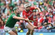22 August 2021; Shane Barrett of Cork in action against Sean Finn of Limerick during the GAA Hurling All-Ireland Senior Championship Final match between Cork and Limerick in Croke Park, Dublin. Photo by Ramsey Cardy/Sportsfile