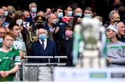 22 August 2021; President of Ireland Michael D Higgins looks at the Liam MacCarthy Cup after the GAA Hurling All-Ireland Senior Championship Final match between Cork and Limerick in Croke Park, Dublin. Photo by Piaras Ó Mídheach/Sportsfile