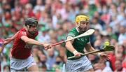 22 August 2021; Seamus Flanagan of Limerick in action against Robert Downey of Cork during the GAA Hurling All-Ireland Senior Championship Final match between Cork and Limerick in Croke Park, Dublin. Photo by Ramsey Cardy/Sportsfile