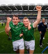 22 August 2021; Limerick players Pat Ryan, left, and Peter Casey celebrate after the GAA Hurling All-Ireland Senior Championship Final match between Cork and Limerick in Croke Park, Dublin. Photo by Stephen McCarthy/Sportsfile