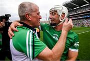 22 August 2021; Limerick manager John Kiely and Pat Ryan of Limerick celebrate after the GAA Hurling All-Ireland Senior Championship Final match between Cork and Limerick in Croke Park, Dublin. Photo by Stephen McCarthy/Sportsfile