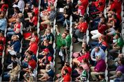22 August 2021; A Limerick supporter celebrates a score during the GAA Hurling All-Ireland Senior Championship Final match between Cork and Limerick in Croke Park, Dublin. Photo by Stephen McCarthy/Sportsfile