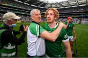 22 August 2021; Limerick manager John Kiely and Cian Lynch of Limerick celebrate after the GAA Hurling All-Ireland Senior Championship Final match between Cork and Limerick in Croke Park, Dublin. Photo by Stephen McCarthy/Sportsfile