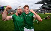 22 August 2021; Cian Lynch, left, and William O’Donoghue of Limerick celebrate after the GAA Hurling All-Ireland Senior Championship Final match between Cork and Limerick in Croke Park, Dublin. Photo by Stephen McCarthy/Sportsfile