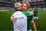 22 August 2021; Limerick manager John Kiely and Cian Lynch of Limerick celebrate after the GAA Hurling All-Ireland Senior Championship Final match between Cork and Limerick in Croke Park, Dublin. Photo by Stephen McCarthy/Sportsfile