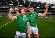 22 August 2021; Gearóid Hegarty, right, and Cian Lynch of Limerick celebrate after the GAA Hurling All-Ireland Senior Championship Final match between Cork and Limerick in Croke Park, Dublin. Photo by Stephen McCarthy/Sportsfile