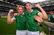 22 August 2021; Diarmaid Byrnes, right, and Cian Lynch of Limerick celebrate after the GAA Hurling All-Ireland Senior Championship Final match between Cork and Limerick in Croke Park, Dublin. Photo by Stephen McCarthy/Sportsfile