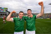 22 August 2021; Graeme Mulcahy, left, and Declan Hannon of Limerick celebrate after the GAA Hurling All-Ireland Senior Championship Final match between Cork and Limerick in Croke Park, Dublin. Photo by Stephen McCarthy/Sportsfile