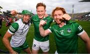 22 August 2021; Limerick players, from left, Nickie Quaid, William O’Donoghue and Cian Lynch celebrate after the GAA Hurling All-Ireland Senior Championship Final match between Cork and Limerick in Croke Park, Dublin. Photo by Stephen McCarthy/Sportsfile