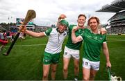 22 August 2021; Limerick players, from left, Nickie Quaid, William O’Donoghue and Cian Lynch celebrate after the GAA Hurling All-Ireland Senior Championship Final match between Cork and Limerick in Croke Park, Dublin. Photo by Stephen McCarthy/Sportsfile