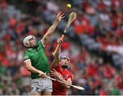 22 August 2021; Aaron Gillane of Limerick in action against Seán O’Donoghue of Cork during the GAA Hurling All-Ireland Senior Championship Final match between Cork and Limerick in Croke Park, Dublin. Photo by Piaras Ó Mídheach/Sportsfile