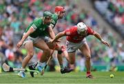 22 August 2021; Patrick Horgan of Cork in action against Seán Finn, left, and Barry Nash of Limerick during the GAA Hurling All-Ireland Senior Championship Final match between Cork and Limerick in Croke Park, Dublin. Photo by Piaras Ó Mídheach/Sportsfile