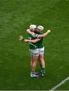 22 August 2021; Cian Lynch, right, and Aaron Gillane of Limerick celebrate at the end of the GAA Hurling All-Ireland Senior Championship Final match between Cork and Limerick in Croke Park, Dublin. Photo by Daire Brennan/Sportsfile