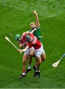 22 August 2021; Dan Morrissey of Limerick in action against Darragh Fitzgibbon, left, and Robbie O’Flynn of Cork during the GAA Hurling All-Ireland Senior Championship Final match between Cork and Limerick in Croke Park, Dublin. Photo by Daire Brennan/Sportsfile