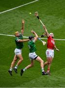22 August 2021; Dan Morrissey, left, and Diarmaid Byrnes of Limerick in action against Patrick Horgan of Cork during the GAA Hurling All-Ireland Senior Championship Final match between Cork and Limerick in Croke Park, Dublin. Photo by Daire Brennan/Sportsfile