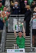 22 August 2021; Limerick captain Declan Hannon lifts the Liam MacCarthy Cup, watched by President Michael D Higgins, after the GAA Hurling All-Ireland Senior Championship Final match between Cork and Limerick in Croke Park, Dublin. Photo by Brendan Moran/Sportsfile