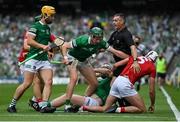 22 August 2021; Linesman James Owens attempts to seperate William O’Donoghue of Limerick and Tim O’Mahony of Cork during the GAA Hurling All-Ireland Senior Championship Final match between Cork and Limerick in Croke Park, Dublin. Photo by Brendan Moran/Sportsfile