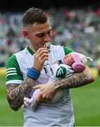22 August 2021; Barry Hennessy of Limerick with his daughter Hope after the GAA Hurling All-Ireland Senior Championship Final match between Cork and Limerick in Croke Park, Dublin. Photo by Brendan Moran/Sportsfile