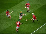 22 August 2021; Séamus Flanagan of Limerick in action against Cork players, left to right, Robert Downey, Shane Kingston, Seán O’Donoghue, and Luke Meade during the GAA Hurling All-Ireland Senior Championship Final match between Cork and Limerick in Croke Park, Dublin. Photo by Daire Brennan/Sportsfile