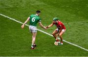 22 August 2021; Declan Hannon of Limerick shakes hands with Shane Barrett of Cork after the GAA Hurling All-Ireland Senior Championship Final match between Cork and Limerick in Croke Park, Dublin. Photo by Daire Brennan/Sportsfile