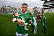 22 August 2021; Limerick player Graeme Mulcahy with his daughter Róise during the GAA Hurling All-Ireland Senior Championship Final match between Cork and Limerick in Croke Park, Dublin. Photo by Stephen McCarthy/Sportsfile