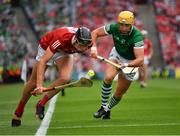 22 August 2021; Robert Downey of Cork in action against Séamus Flanagan of Limerick during the GAA Hurling All-Ireland Senior Championship Final match between Cork and Limerick in Croke Park, Dublin. Photo by Ray McManus/Sportsfile