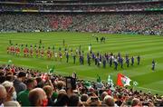 22 August 2021; Both teams parade behind the Artane School of Music Band, as seen from tye Cusack Stand, before the GAA Hurling All-Ireland Senior Championship Final match between Cork and Limerick in Croke Park, Dublin. Photo by Ray McManus/Sportsfile