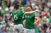 22 August 2021; Dan Morrissey, right, and Declan Hannon of Limerick celebrate after the GAA Hurling All-Ireland Senior Championship Final match between Cork and Limerick in Croke Park, Dublin. Photo by Harry Murphy/Sportsfile